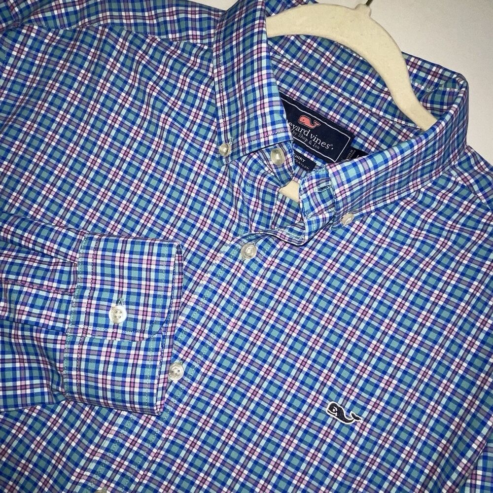 Vineyard Vines Whale Shirt Button Down Long Sleeve Blue Pink Green Plaid Men’s L